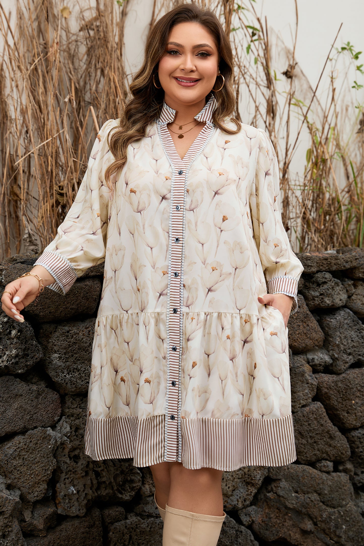 Khaki Plus Size Floral Print Striped Trim Patchwork Button Down A-line Dress