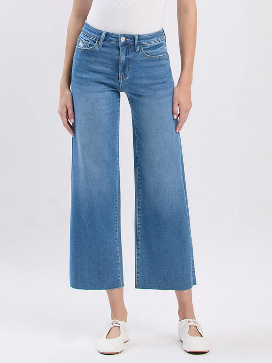 High Rise Raw Hem Cropped Wide Leg Jeans